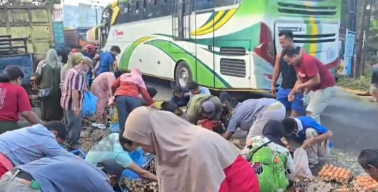 Warga berbondong-bondong mengutip telur yang berserakan di jalan usai kecelakaan antara mobil pick-up Isuzu Traga dan truk Hino.