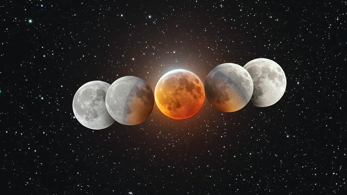 Bulan dalam gerhana total, pada tanggal 20 Januari 2019, dalam gabungan eksposur ganda.