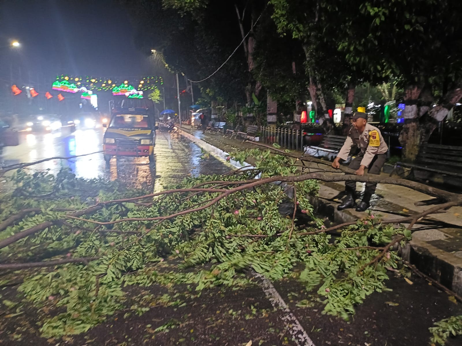 Patahan ranting pohon menghalangi badan Jalan Merdeka.