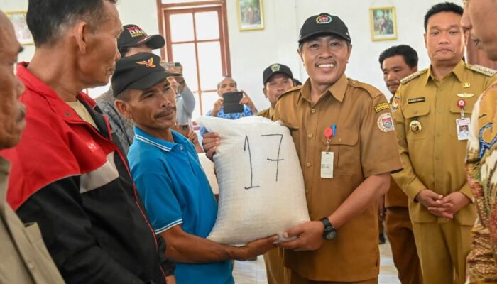 Kadis Pertanian dan Ketahanan Pangan Humbahas, Junter Marbun menyerahkan bantuan pangan kepada warga terdampak banjir.