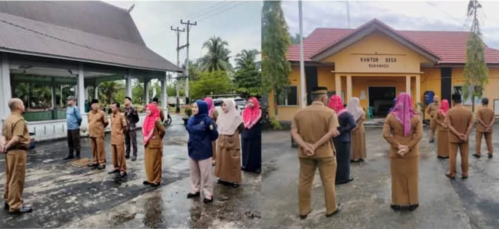 Pj Kepala Desa Sukamaju Zulfahmi M.Pd memimpin apel Senin pagi bersama perangkat desa di halaman Kantor Desa Sukamaju, Kecamatan Bantan, Bengkalis.