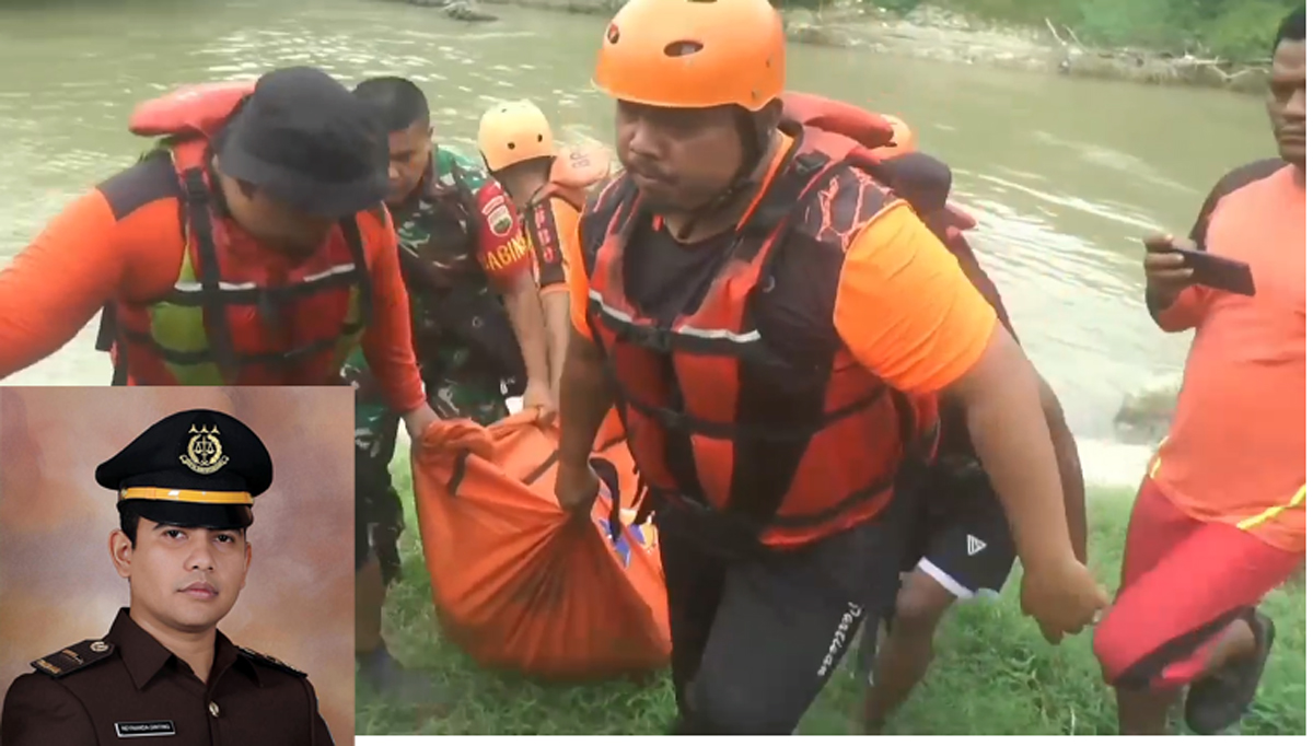 Proses evakuasi jenazah Reynanda Primta Ginting, pegawai muda Kejari Simalungun, yang tewas terseret arus saat menjalankan tugas. Insert: Foto Reynanda semasa hidup.