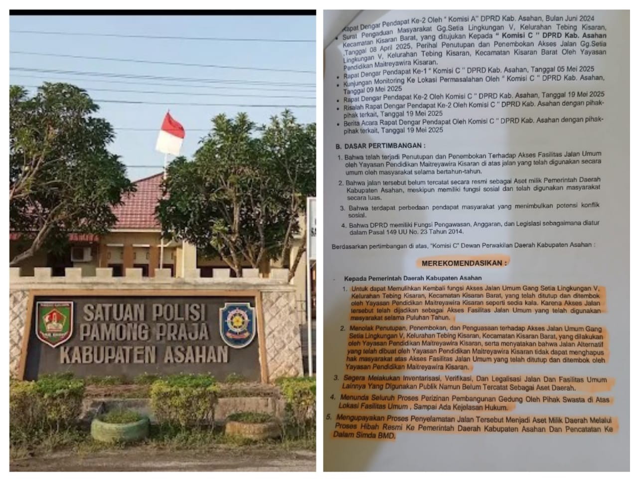Kantor Satpol PP Asahan dan surat rekomendasi.