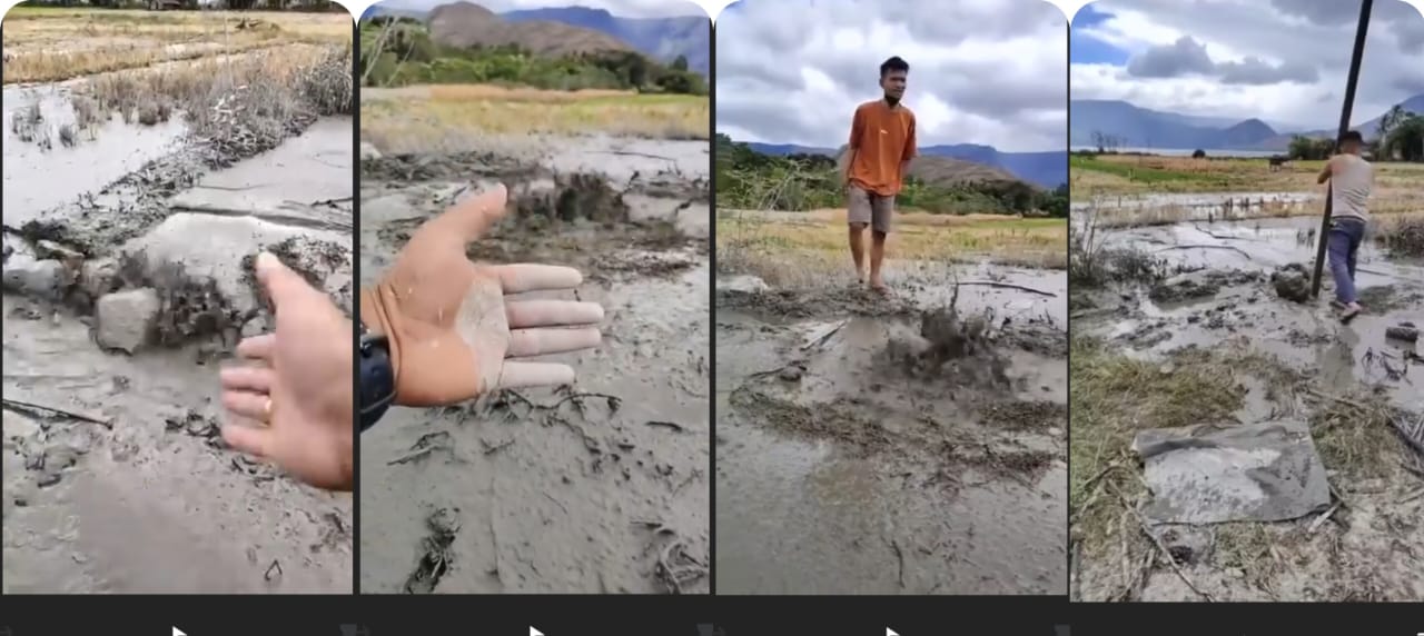 Semburan air lumpur di Desa Rianiate, Samosir, setelah warga melakukan pengeboran sumur bor.