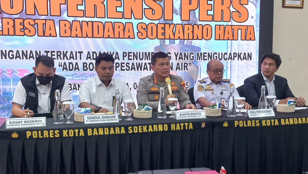 Polresta Bandara Soetta menggelar pers conference terkait kejadian ancaman di pesawat Lion Air tujuan Jakarta-Kualanamu, Senin (4/8).