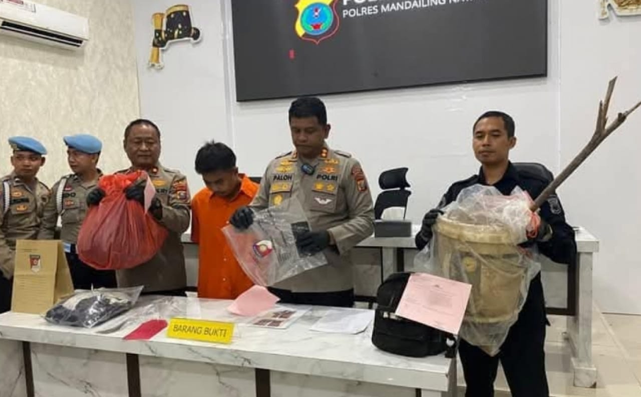 Kapolres Madina saat konferensi pers pengungkapan pembunuhan siswi Paskibra di Madina.