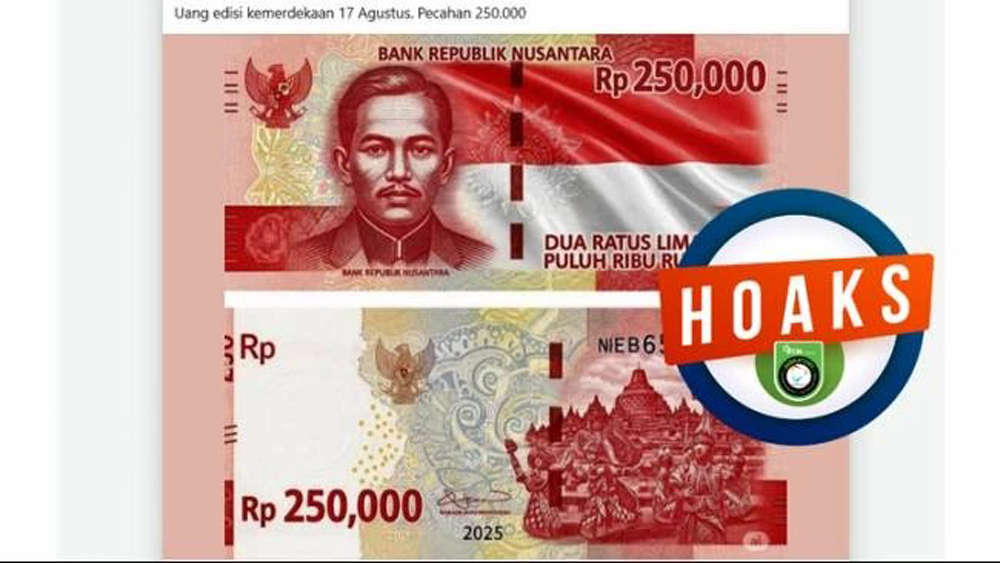 Tangkapan layar uang pecahan Rp250 ribu yang beredar di media sosial. Peruri menegaskan uang tersebut hoax.