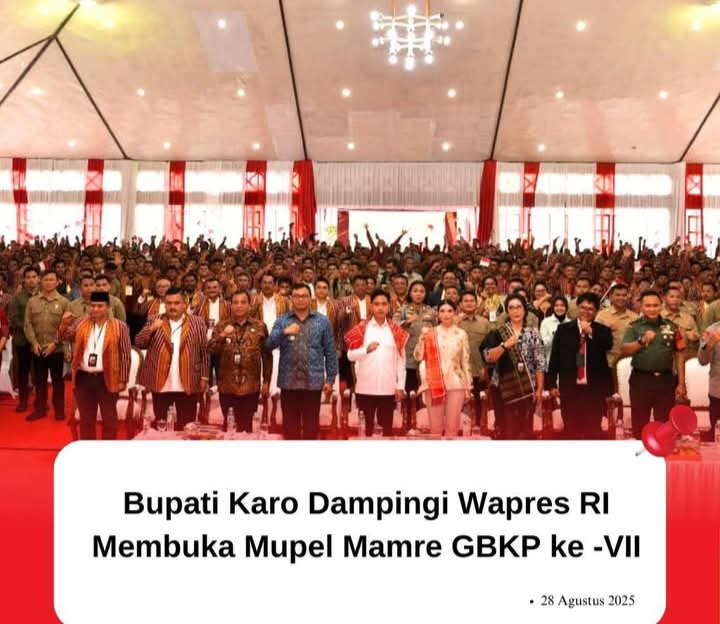 Wapres RI Gibran Rakabuming Raka didampingi Bupati Karo Antonius Ginting membuka Mupel Mamre GBKP ke-VII di Sibolangit, Kamis (28/8/2025).