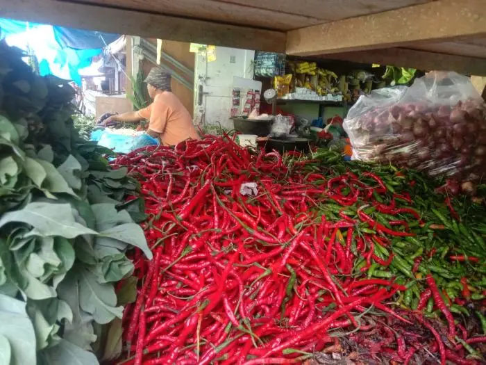 Pedagang cabai di Pasar Laguboti, Toba, Selasa (2/9/2025), saat harga cabai merah melonjak hingga Rp60.000 per kilogram.