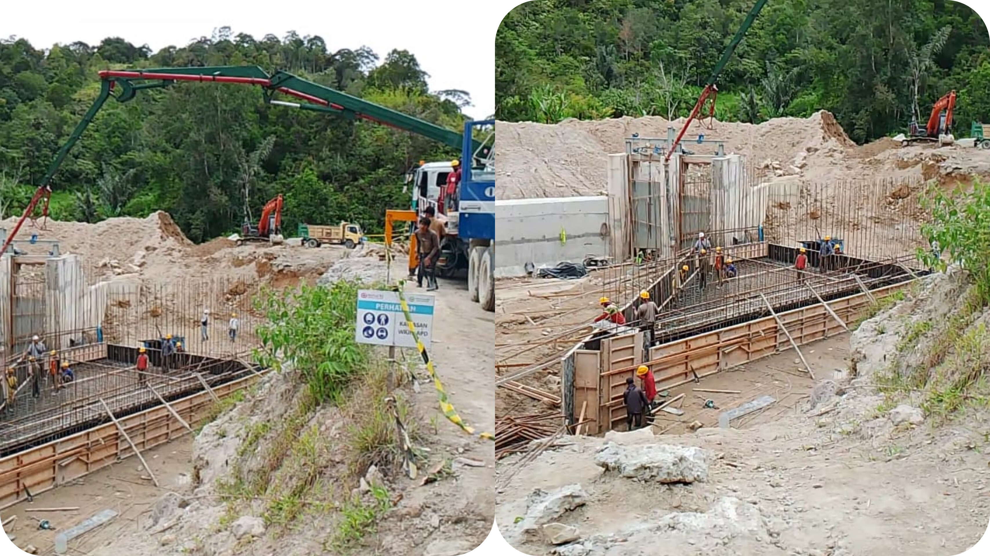 Sejumlah pekerja tampak melakukan pengerjaan proyek diduga PLTMH di aliran sungai Dusun Lumbantobing, Humbahas, Jumat (5/9/2025).
