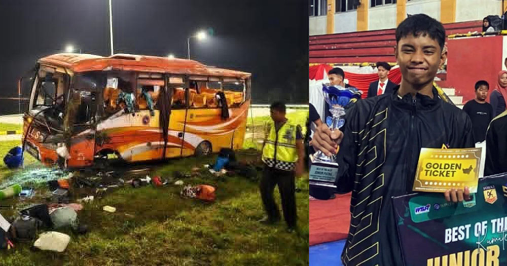 Kondisi bus ALS yang terbalik usai kecelakaan di Padang Pariaman (kiri.&nbsp;Muhammad Dhijey Lexsie, atlet karate juara yang tewas dalam kecelakaan. (kanan)