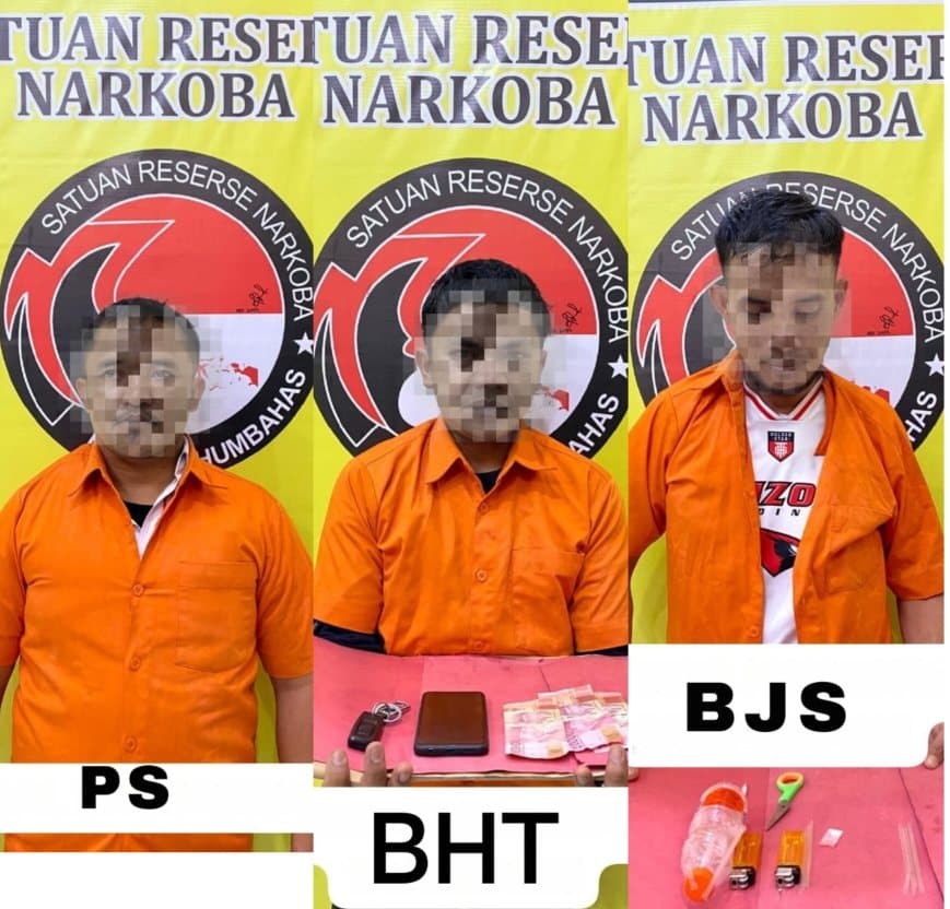 Ketiga tersangka kasus narkoba di Humbahas: dua ASN Pemkab Humbahas berinisial BJS dan PS, serta BHT warga Balige yang diduga pengedar.