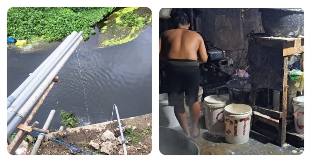 Limbah cair pembuatan tahu yang diduga dibuang ke aliran Sungai Aek Sibundong (kanan), dan dapur produksi tahu milik Surianto (kiri).