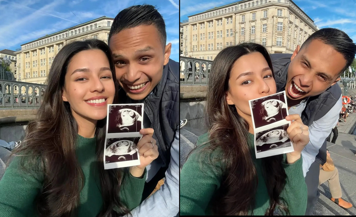 Susan Sameh tersenyum bahagia bersama suami, Khalid Atamami, sambil memamerkan foto USG calon anak pertama mereka.