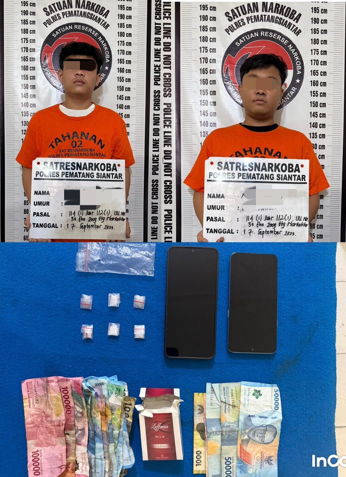 NA dan FS saat diamankan Satres Narkoba Polres Pematangsiantar usai transaksi sabu di Jalan Bola Kaki.