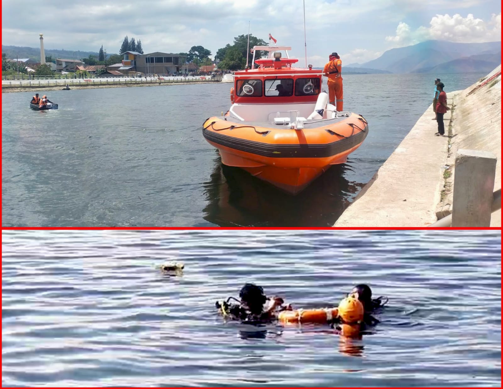 Tim SAR mengevakuasi jenazah wisatawan yang tenggelam di Danau Toba, Jembatan Tano Ponggol, Samosir.