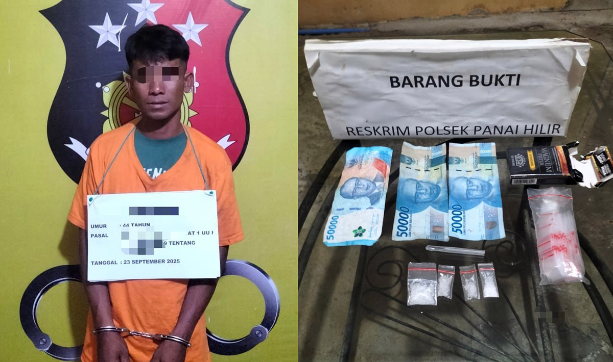 Tersangka MS alias Sapran bersama barang bukti sabu-sabu yang diamankan polisi.