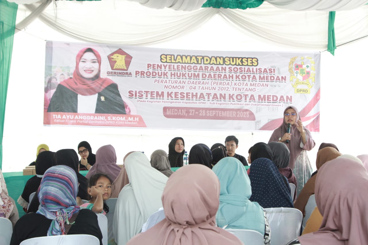 Anggota DPRD Kota Medan, Tia Ayu Anggraini, menggelar Sosper Nomor 4 Tahun 2012 tentang Sistem Kesehatan Kota Medan akhir pekan lalu di Kecamatan Medan Marelan.