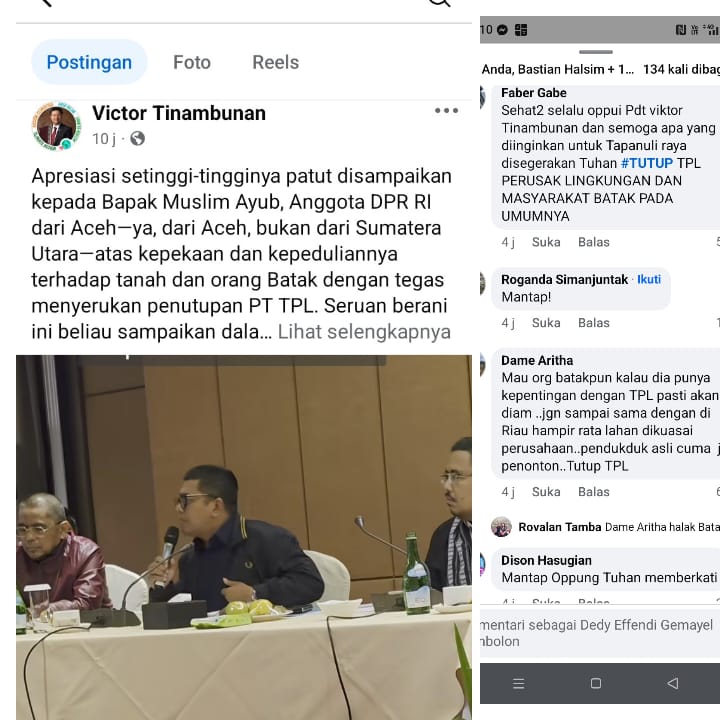 Ephorus HKBP Pdt Viktor Tinambunan mengapresiasi dukungan Anggota DPR RI dari Aceh, Muslim Ayub, yang berani menyerukan penutupan PT Toba Pulp Lestari (TPL).