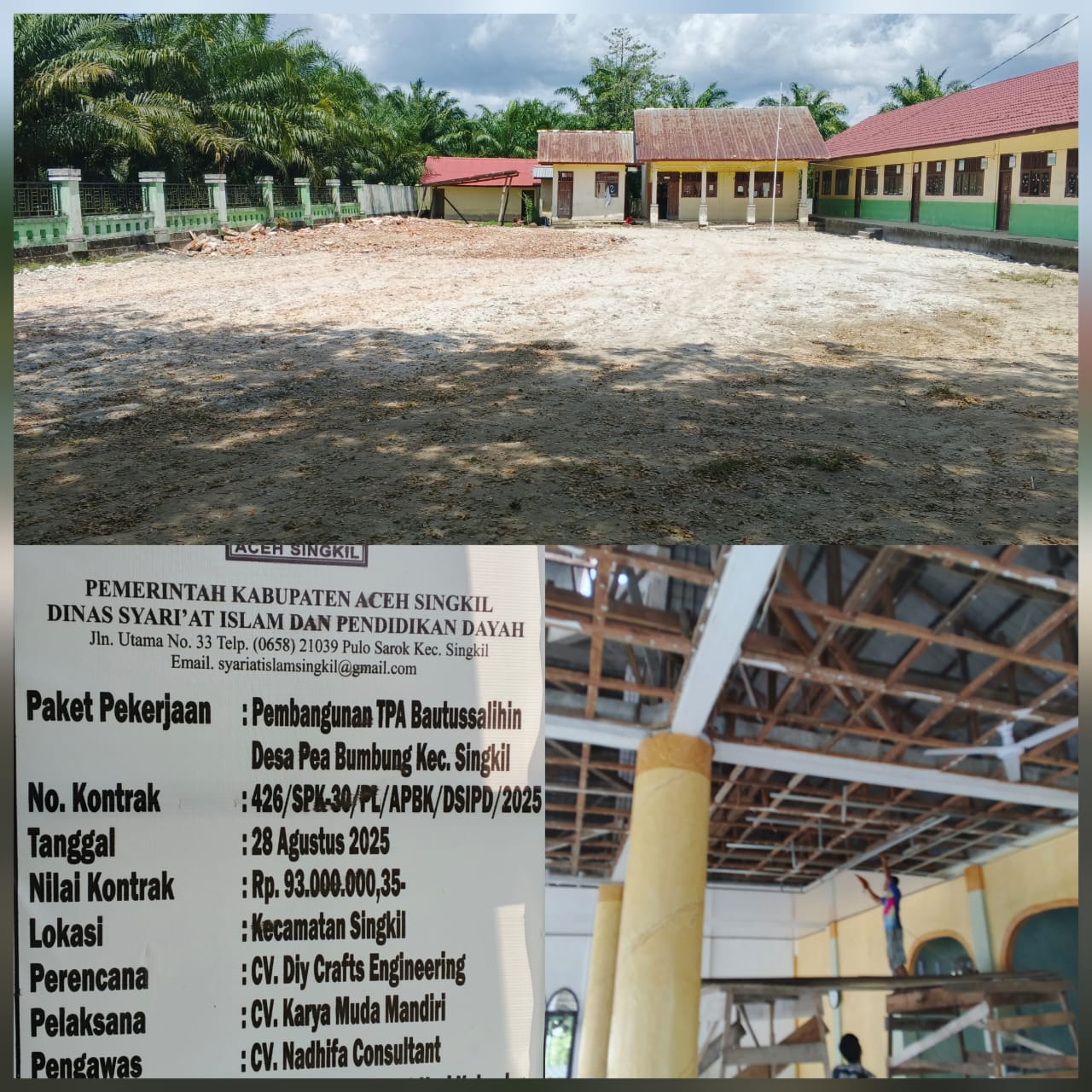 Papan informasi proyek TPA, namun di lapangan justru dikerjakan plafon masjid.
