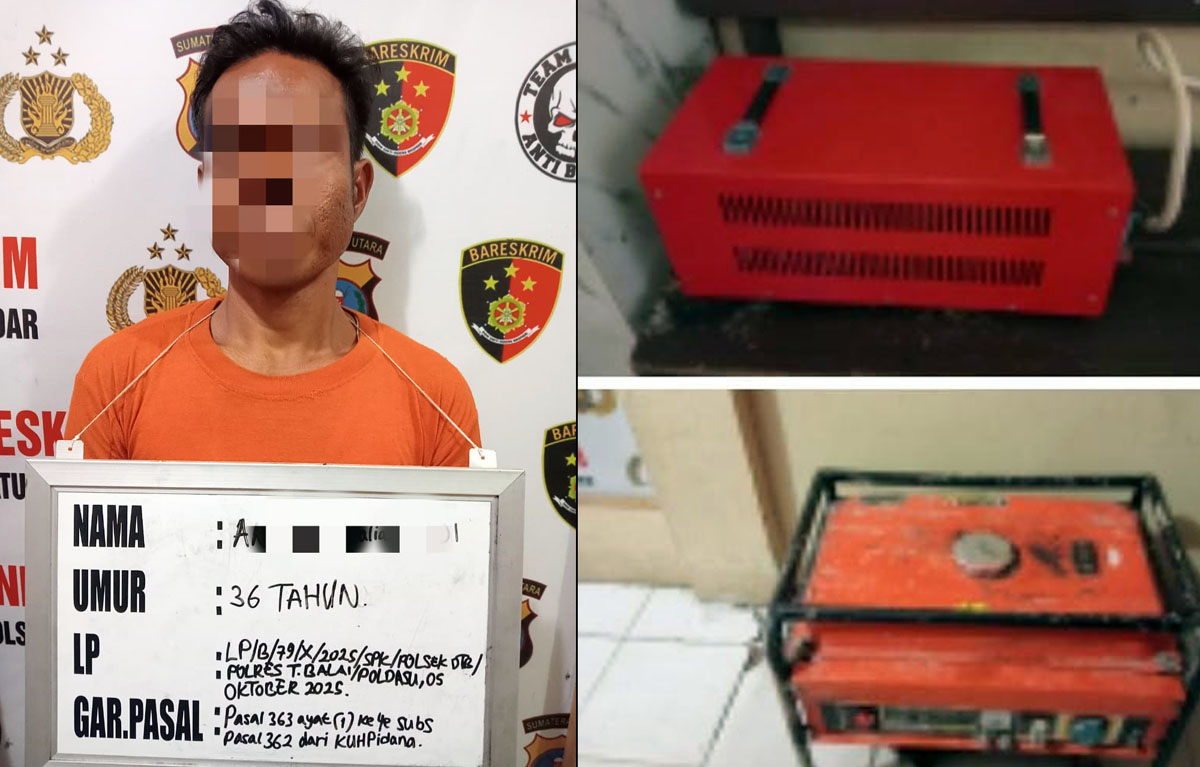 Tersangka A alias Andi (36) saat diamankan Tim Reskrim Polsek Datuk Bandar bersama barang bukti hasil curian.