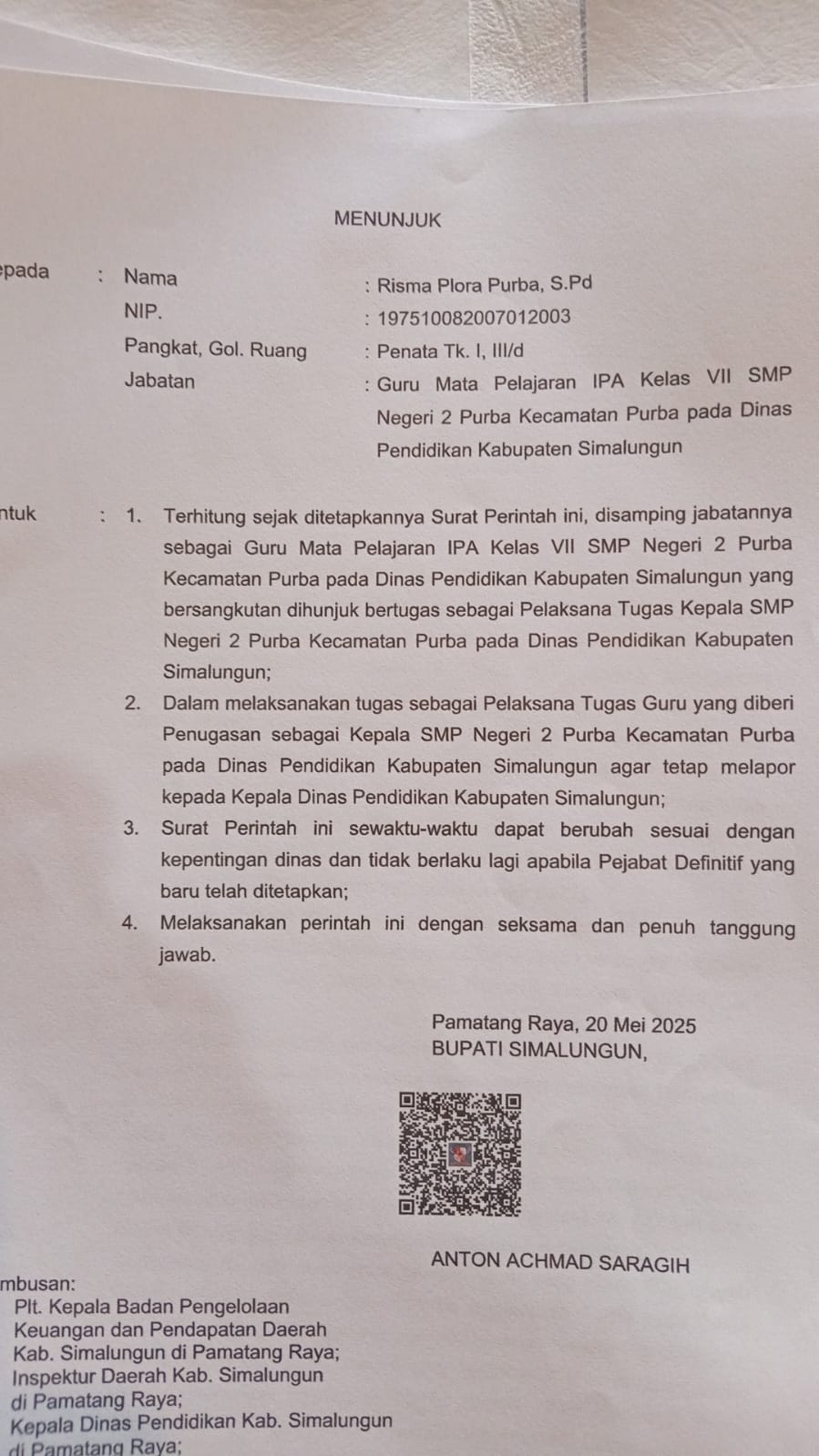 Surat Penjunjukan Risma Plora Purba Spd sebagai Plt (Pelaksana Tugas) Kepala SMP Negeri 2 Purba.
