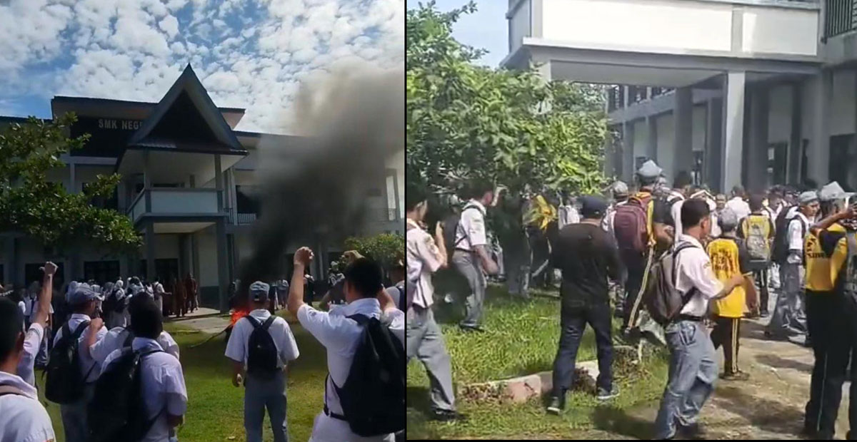 Ratusan siswa SMKN 3 Sibolga membakar ban di halaman sekolah sebagai bentuk protes terhadap kepala sekolah, Senin (6/10/2025).