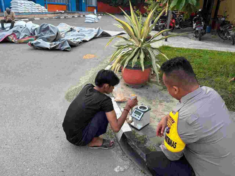 Kapolsek Labuhan Ruku AKP Cecep Suhendra bersama personel Bhabinkamtibmas mendampingi Kelompok Tani Sahata menjual jagung ke Bulog Cabang Asahan, Rabu (9/10/2025).