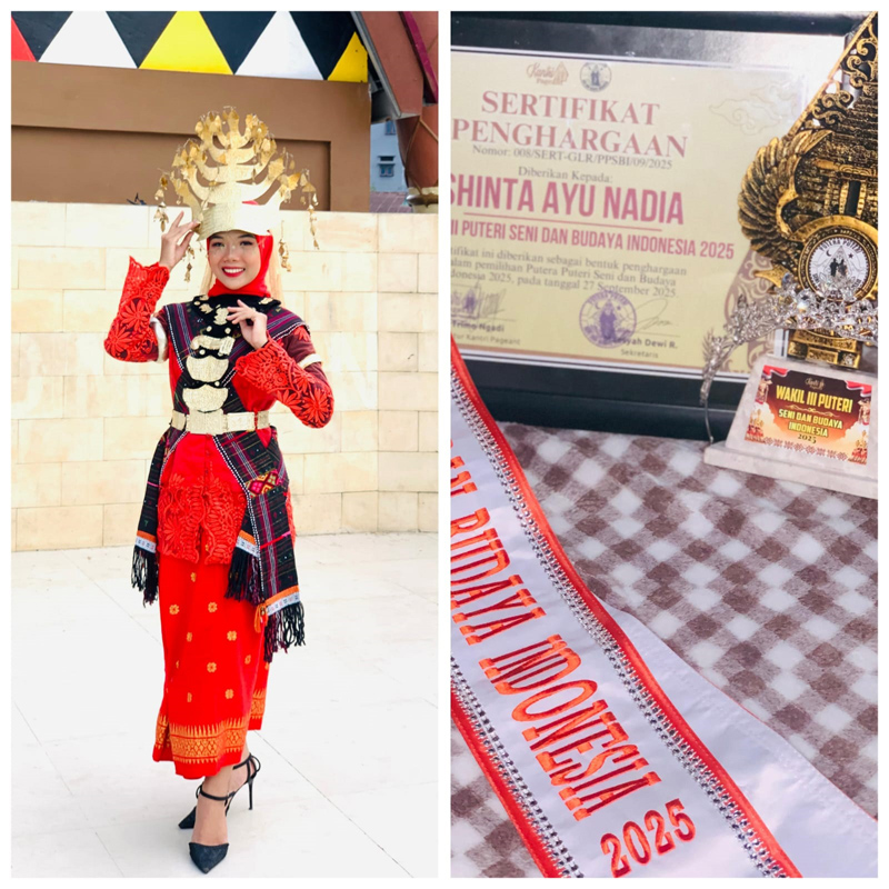 Shinta Ayu Nadia memakai baju adat Angkola dan piagam penghargaan peraihan Wakil III Puteri Seni dan Budaya Indonesia 2025.