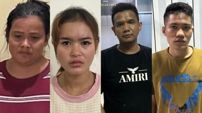 Empat tersangka penipuan terhadap Rahmat Shah, ayah artis Raline Shah, saat dihadirkan dalam konferensi pers di Polda Sumut.