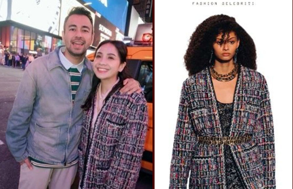 Nagita Slavina mengenakan jaket Chanel Rp400 juta saat berpose di Times Square, New York.