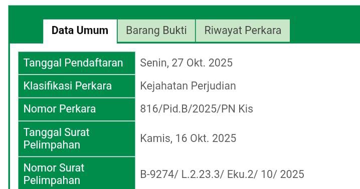Tangkapan layar Sistem Informasi Penelusuran Perkara (SIPP) PN Kisaran yang menunjukkan perkara perjudian Kepala Desa Tinggi Raja, Dedi Hermanto, telah resmi terdaftar untuk disidangkan.