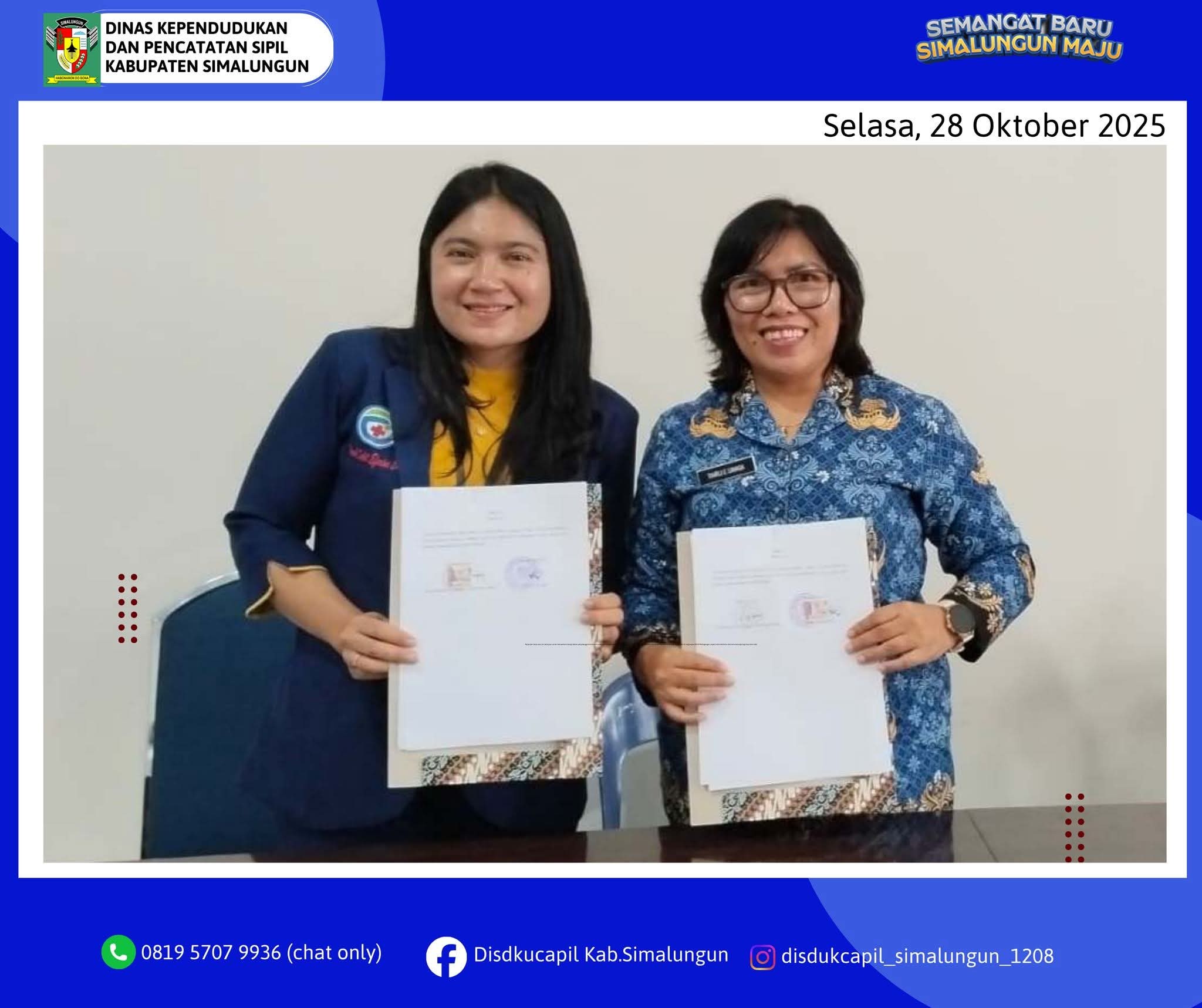 Penandatanganan Perjanjian Kerja Sama Disdukcapil Kabupaten Simalungun dengan RS Efarina Etaham Pematangsiantar.