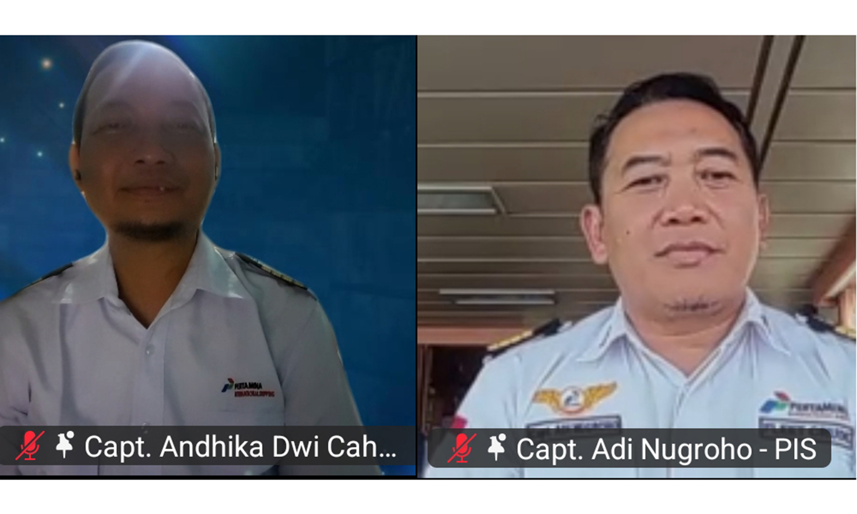 Captain Andhika (kiri) dan Captain Adi (kanan) saat mengikuti wawancara virtual melalui Zoom. Keduanya berbagi pengalaman sebagai pelaut Pertamina International Shipping (PIS).