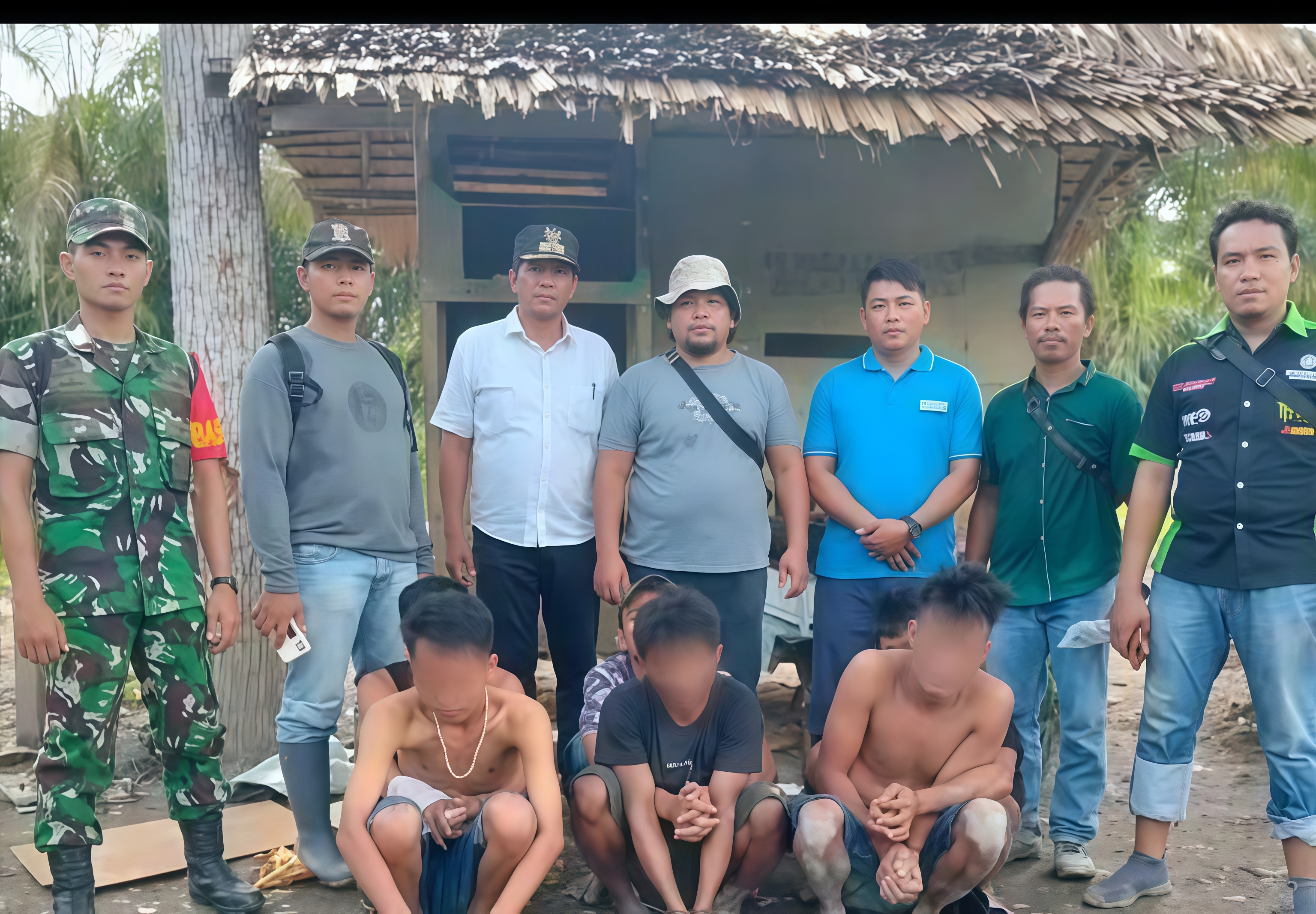 Para tersangka pengedar sabu (jongkok) diamankan personel Kodim 0209Labuhanbatu beserta barang bukti dan pondok transaksi yang dimusnahkan.