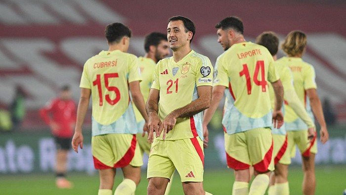 Pemain Spanyol merayakan gol ke gawang Georgia pada Kualifikasi Piala Dunia 2026 di Dinamo Arena, Tbilisi, Minggu (16/11/2025). La Furia Roja menang 4-0.
