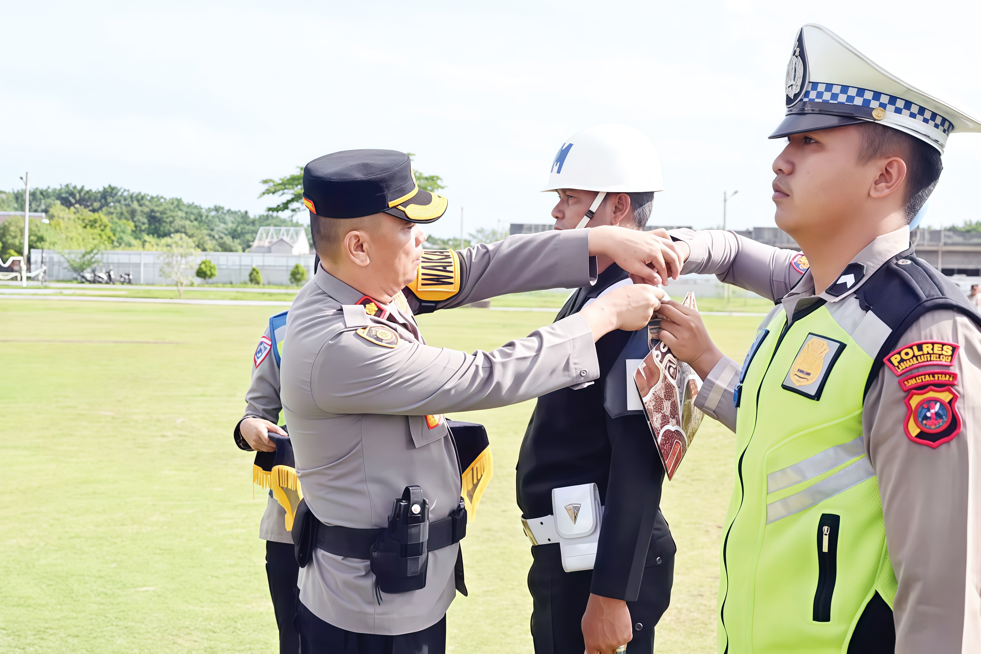 Wakapolres Labuhanbatu Selatan, Kompol Ramsen Samosir, menyematkan pita Operasi Zebra Toba 2025 kepada personel dalam apel gelar pasukan di Labusel.