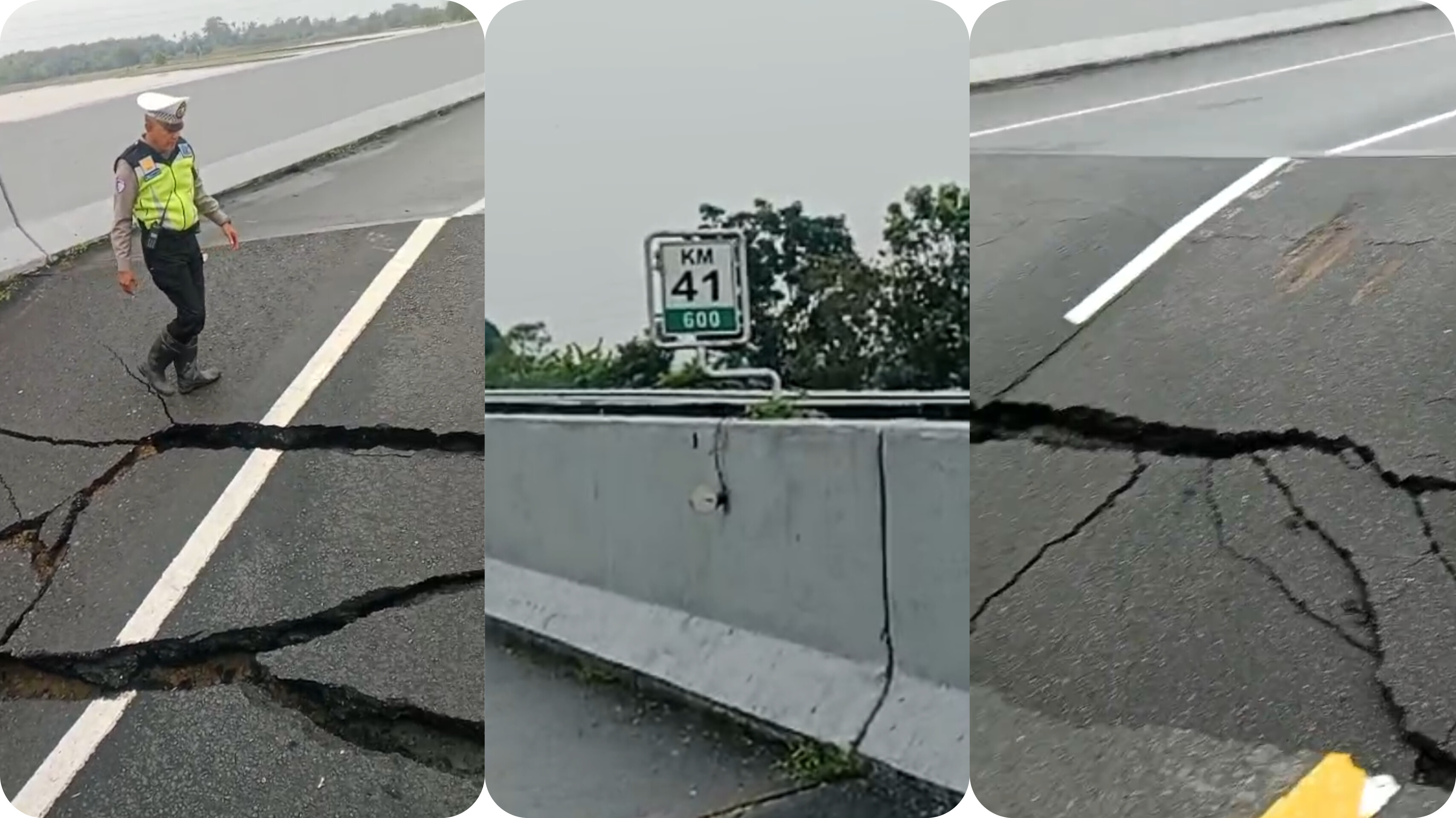 Petugas memeriksa titik ambruknya ruas Tol Medan&ndash;Tebing Tinggi di KM 41 yang menyebabkan arus Pakam&ndash;Medan terputus total.