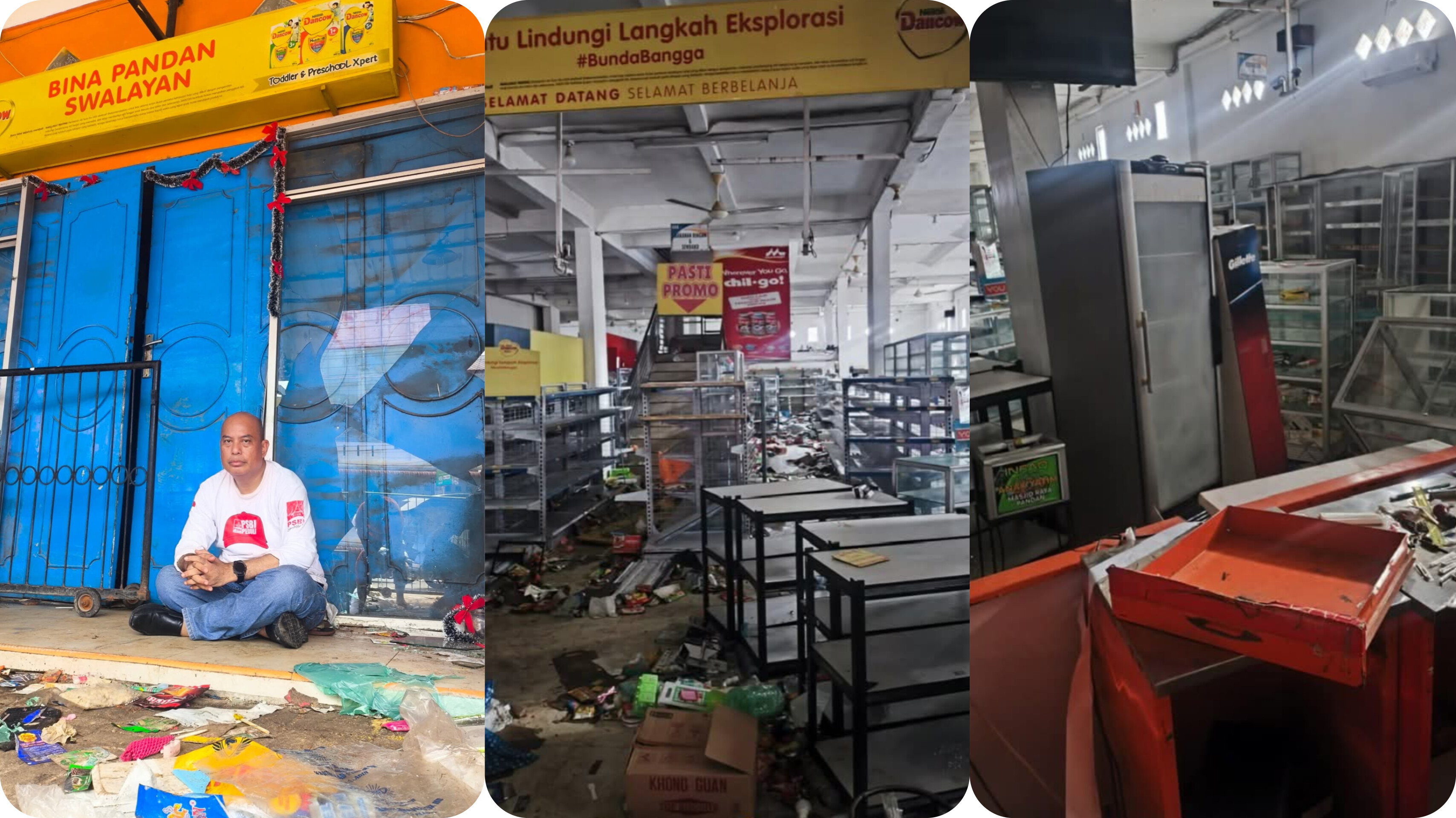 Kondisi Bina Pandan Swalayan di Tapanuli Tengah usai dijarah tengah malam. Pemilik dan keluarga terjebak tiga jam di kamar saat pelaku mendobrak pintu rumah.