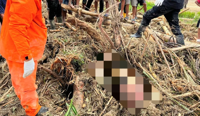 Tim SAR Gabungan mengevakuasi korban longsor di Humbahas setelah ditemukan dalam tumpukan material dan batang pohon.