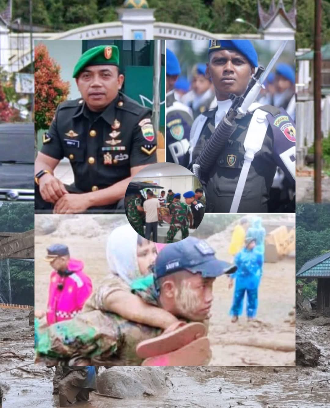 Prada Muhammad Arifin (Batalyon 131/Braja Sakti) menggendong seorang anak korban banjir saat evakuasi di Jembatan Kembar Silaiang, Padang Panjang. Arifin selamat dan terus membantu tim evakuasi.