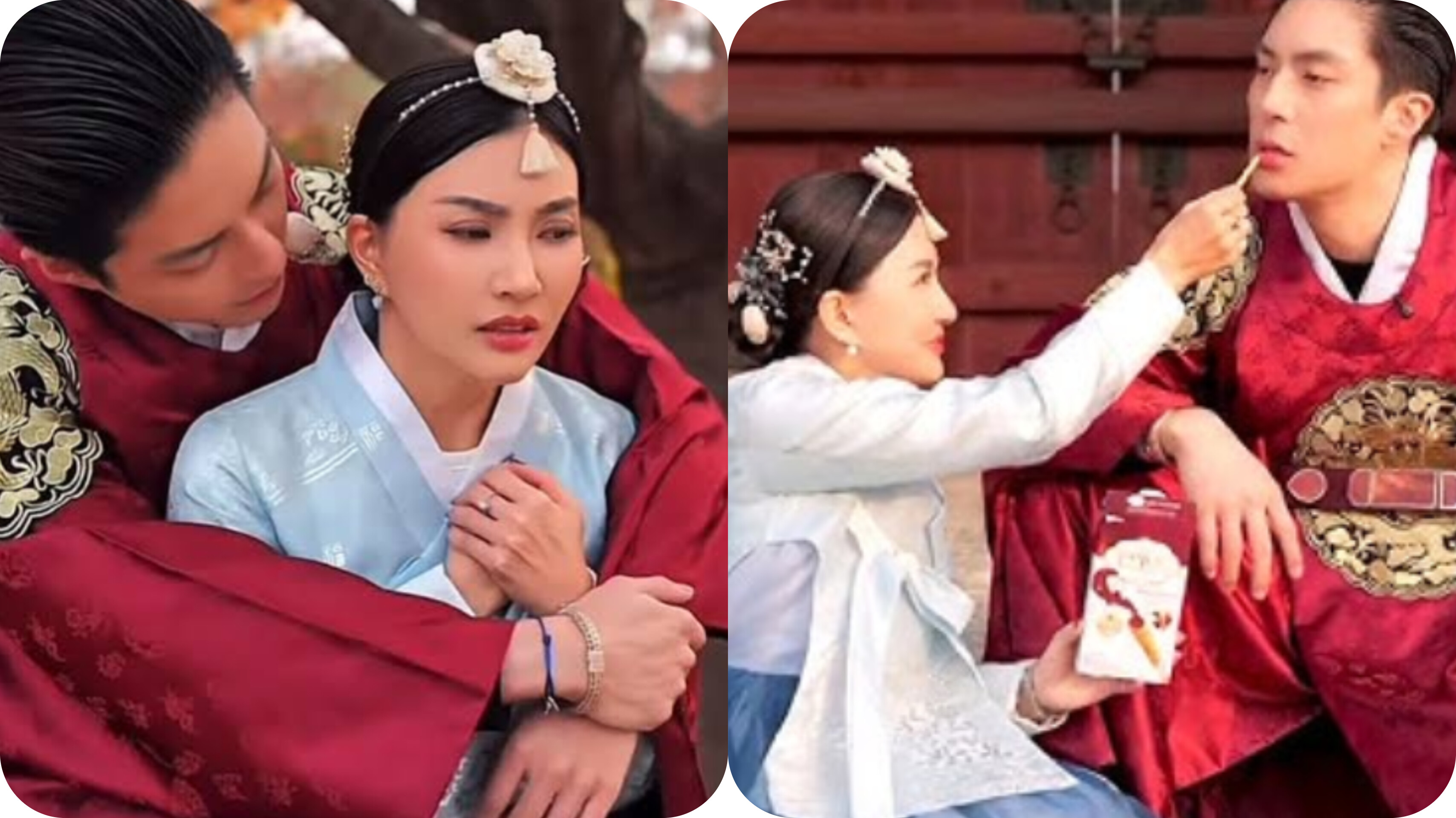 Sarwendah dan Giorgio Antonio berpose memakai Hanbok di Korea dalam sesi kerja sama brand.