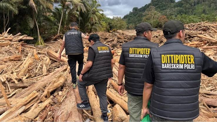 Kayu bekas potongan mesin yang hanyut di Sungai Garoga pascabanjir bandang, menjadi bukti dampak penebangan liar oleh PHAT di Tapsel.