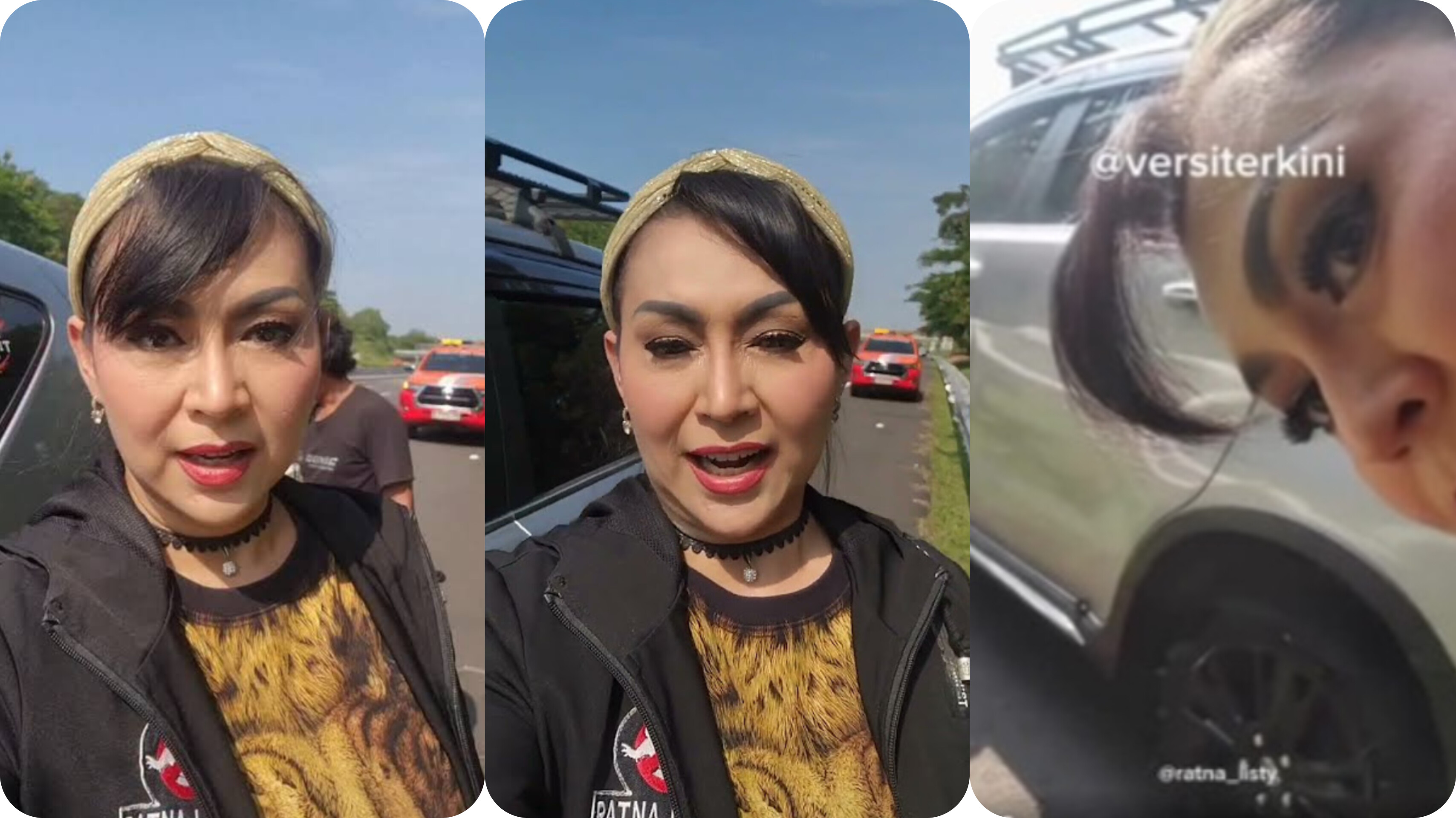 Ratna Listy memperlihatkan ban mobilnya yang hancur akibat pecah ban di Km 95 Tol Cipali.