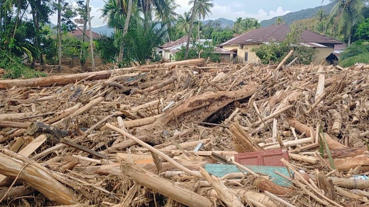Ribuan gelondongan kayu menutupi aliran Sungai Aek Godang Tukka pasca banjir bandang di Kecamatan Tukka, Tapteng.