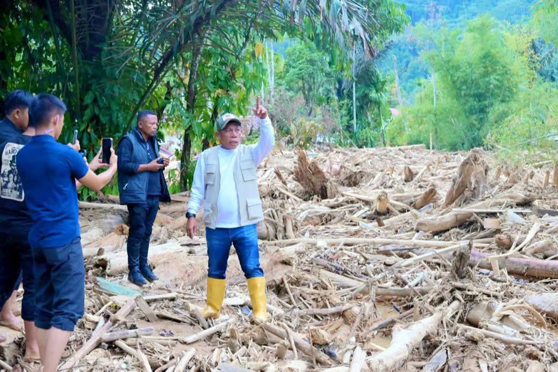 Bupati Tapteng, Masinton Pasaribu meninjau ribuan kayu yang terbawa banjir bandang di permukiman warga.