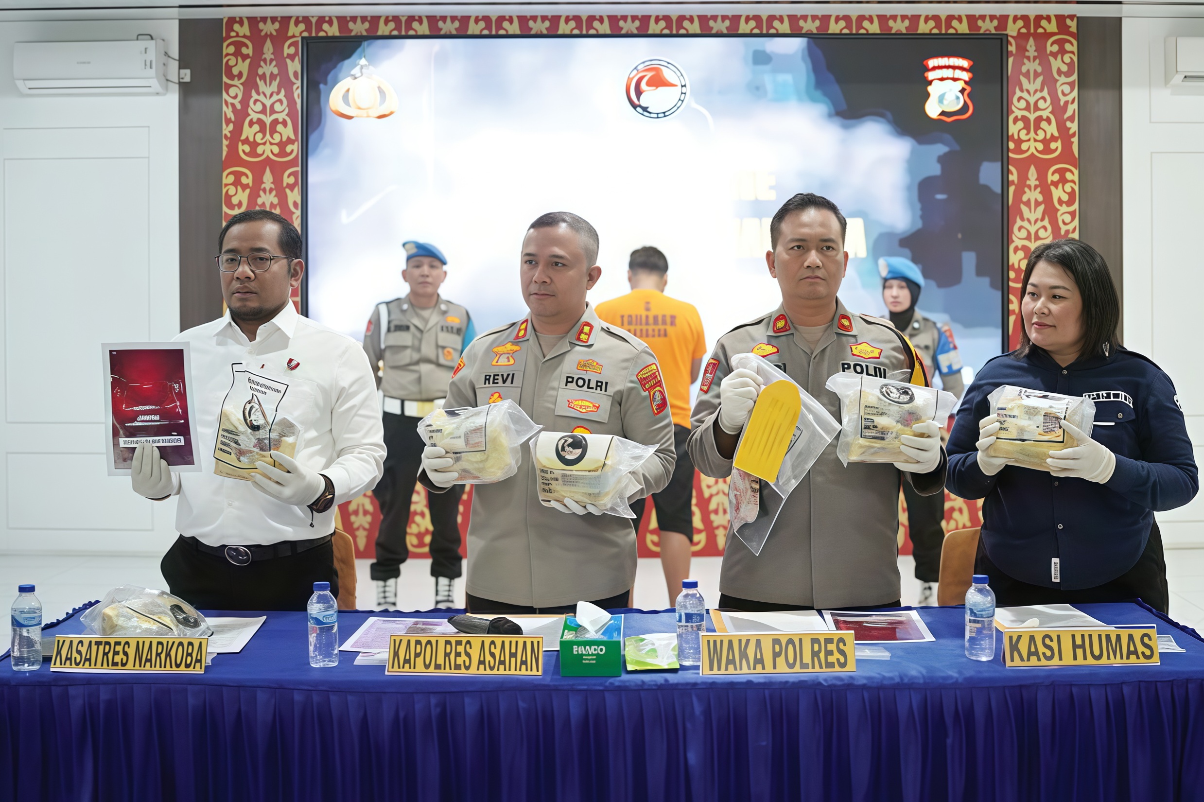 Kapolres Asahan AKBP Revi Nurvelani menunjukkan tersangka dan barang bukti sabu seberat 8 kilogram yang disita dari pintu mobil di Asahan.