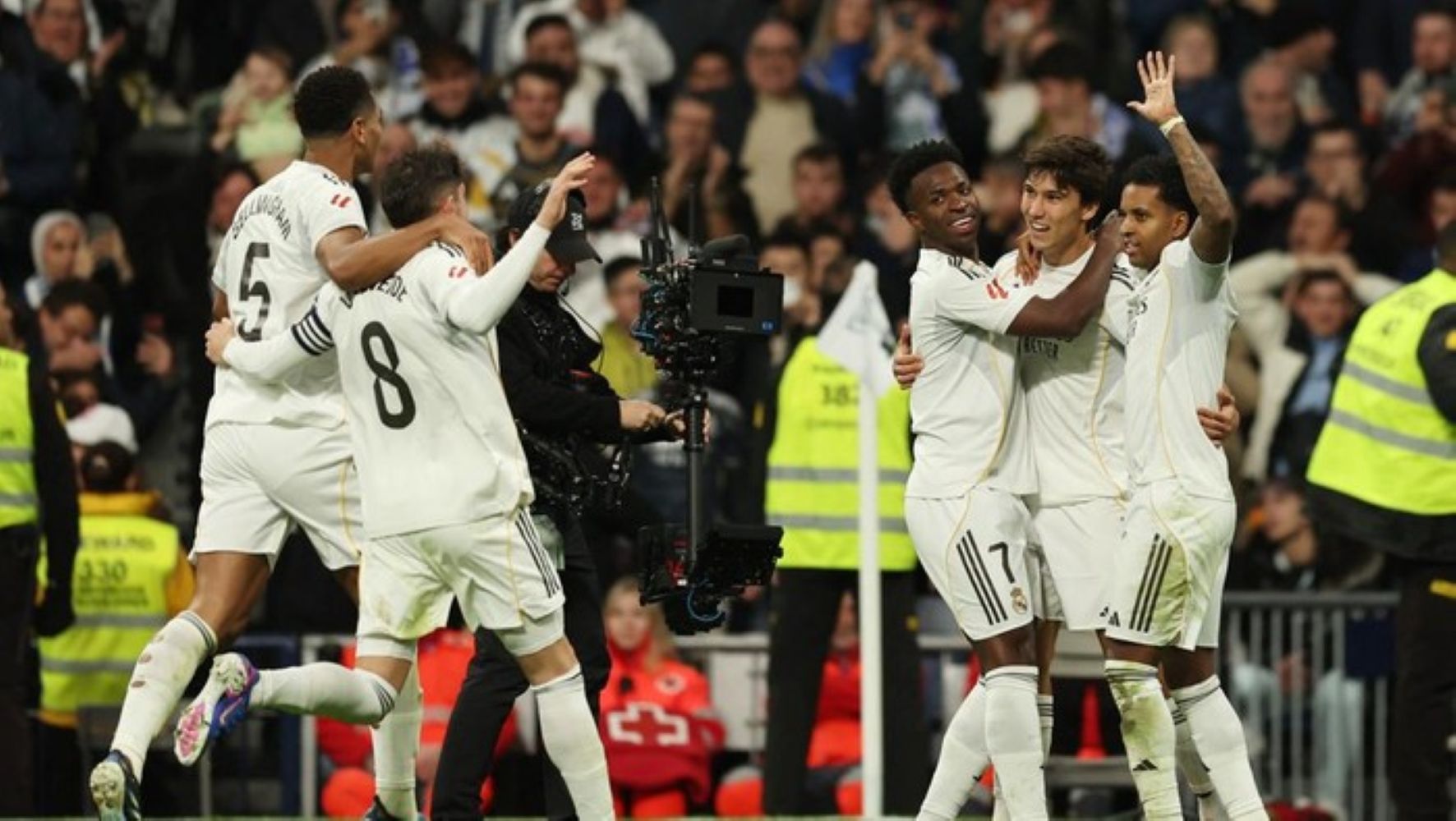 Gonzalo Garcia merayakan salah satu golnya saat Real Madrid menghajar Real Betis 5-1 di Santiago Bernabeu, LaLiga 2026.