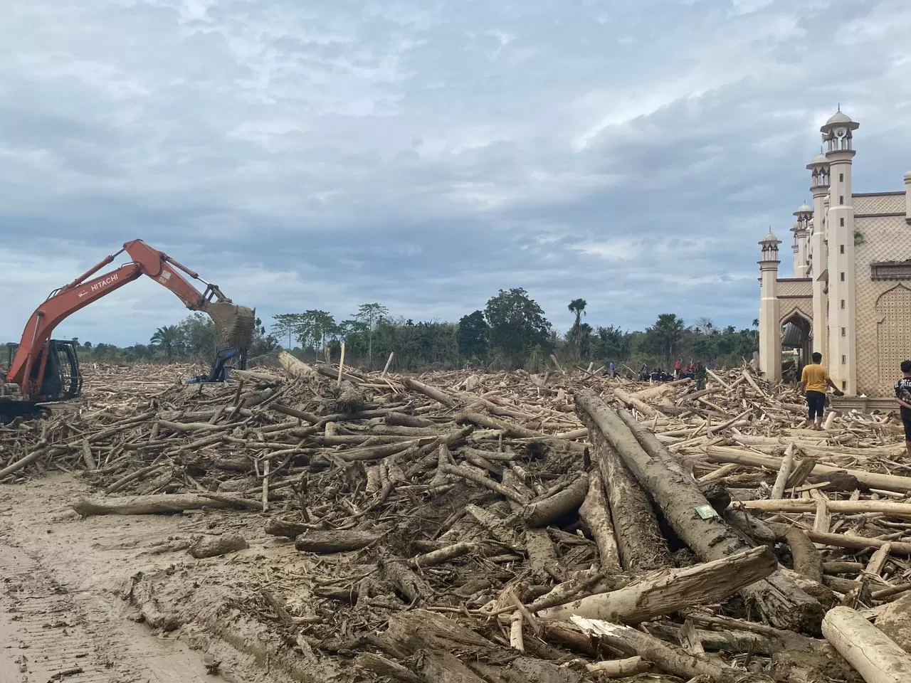 Tumpukan kayu gelondongan yang ditemukan di wilayah terdampak banjir dan longsor di Tapanuli Selatan, Sumatera Utara.