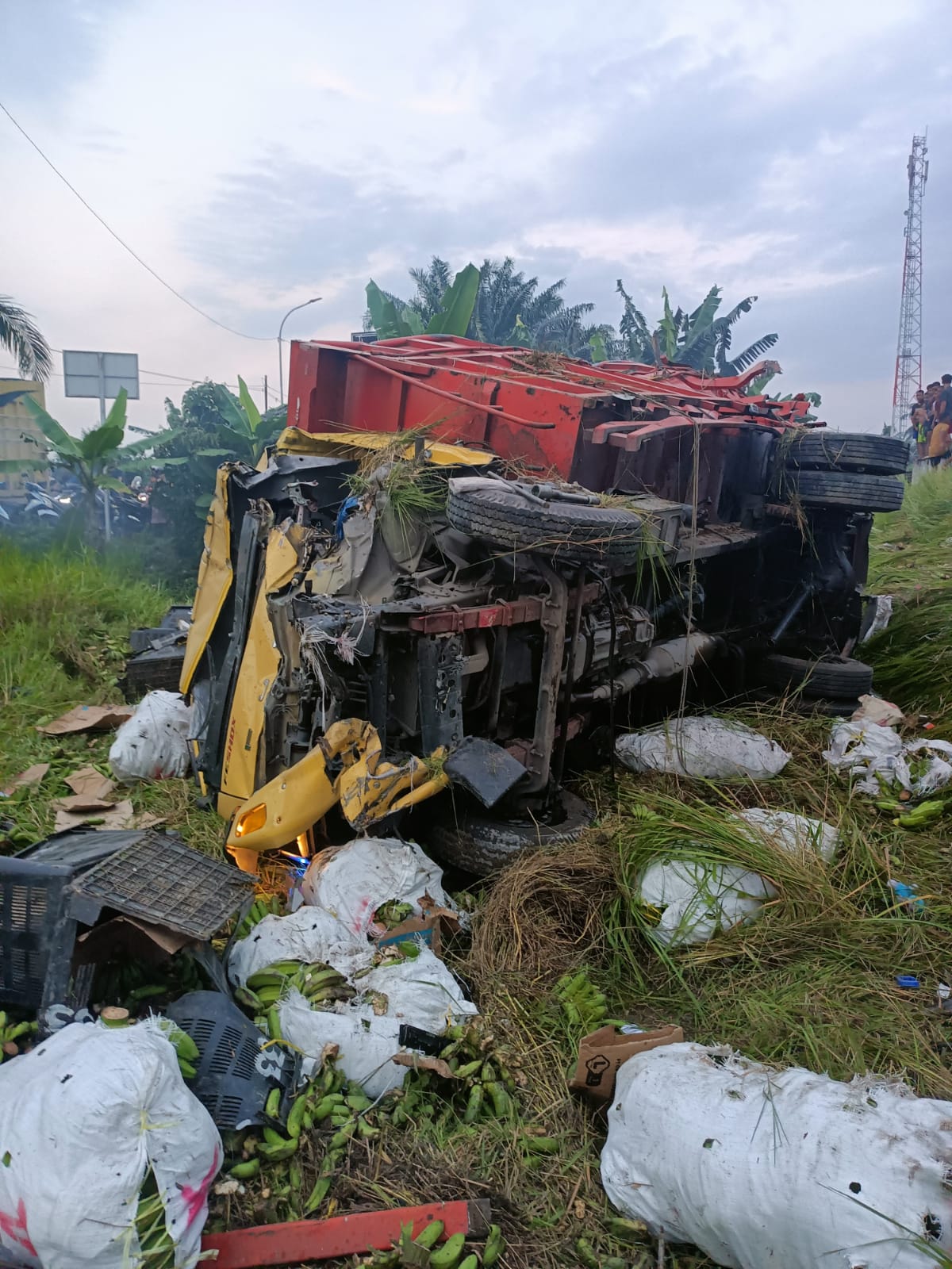 Truk pengangkut pisang yang terlibat kecelakaan dengan kereta api.